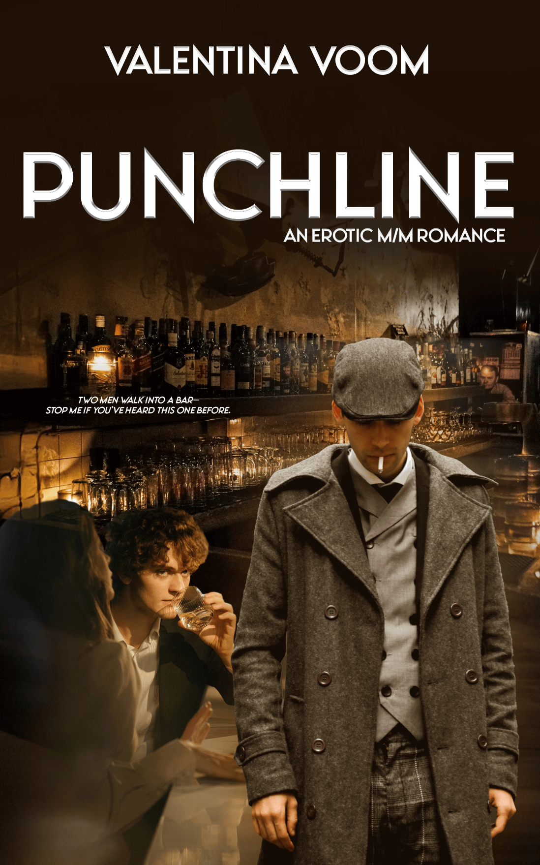 Punchline Erotic Novel cover. Two men walk into a bar, stop me if you've heard this one before. Man drinking at bar staring at another man in a trenchcoat smoking with his back turned.